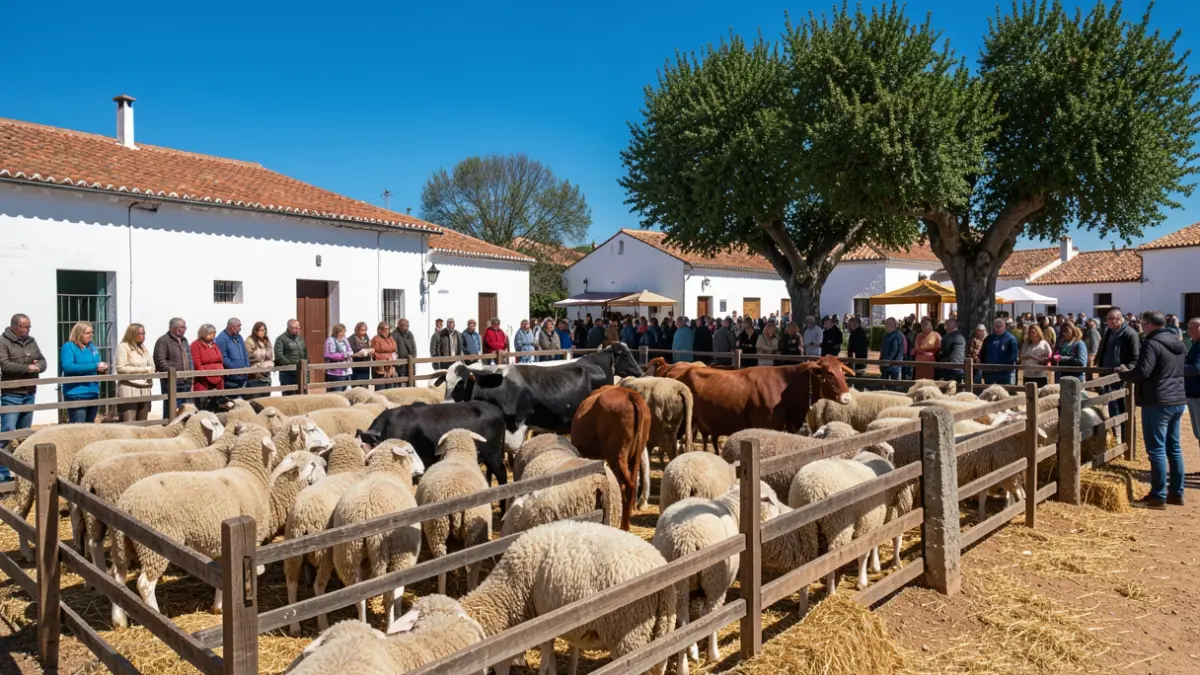 Generic image: with animals in rustic pens and white buildings in the background.