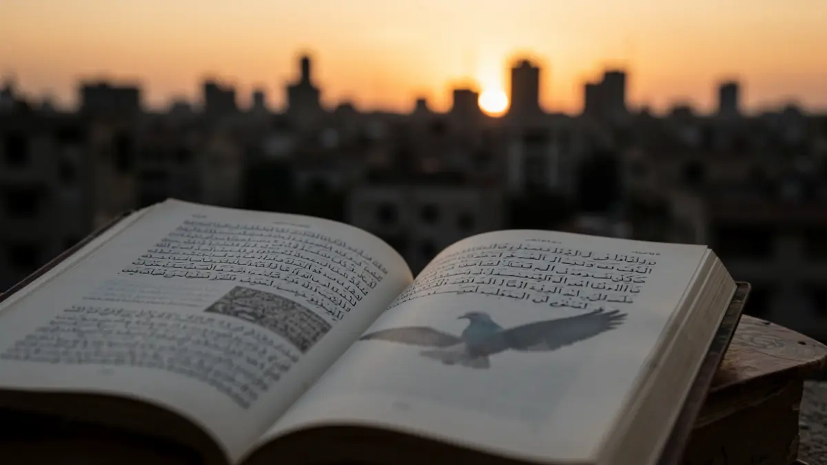 Imagem genérica de um livro aberto com texto em árabe e uma pomba desfocada ao fundo de uma cidade em ruínas ao anoitecer.