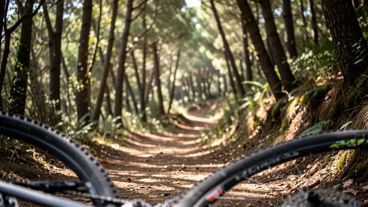 Imagen genérica de un sendero forestal con luz solar filtrándose a través de los árboles y una rueda de bicicleta de montaña en primer plano.