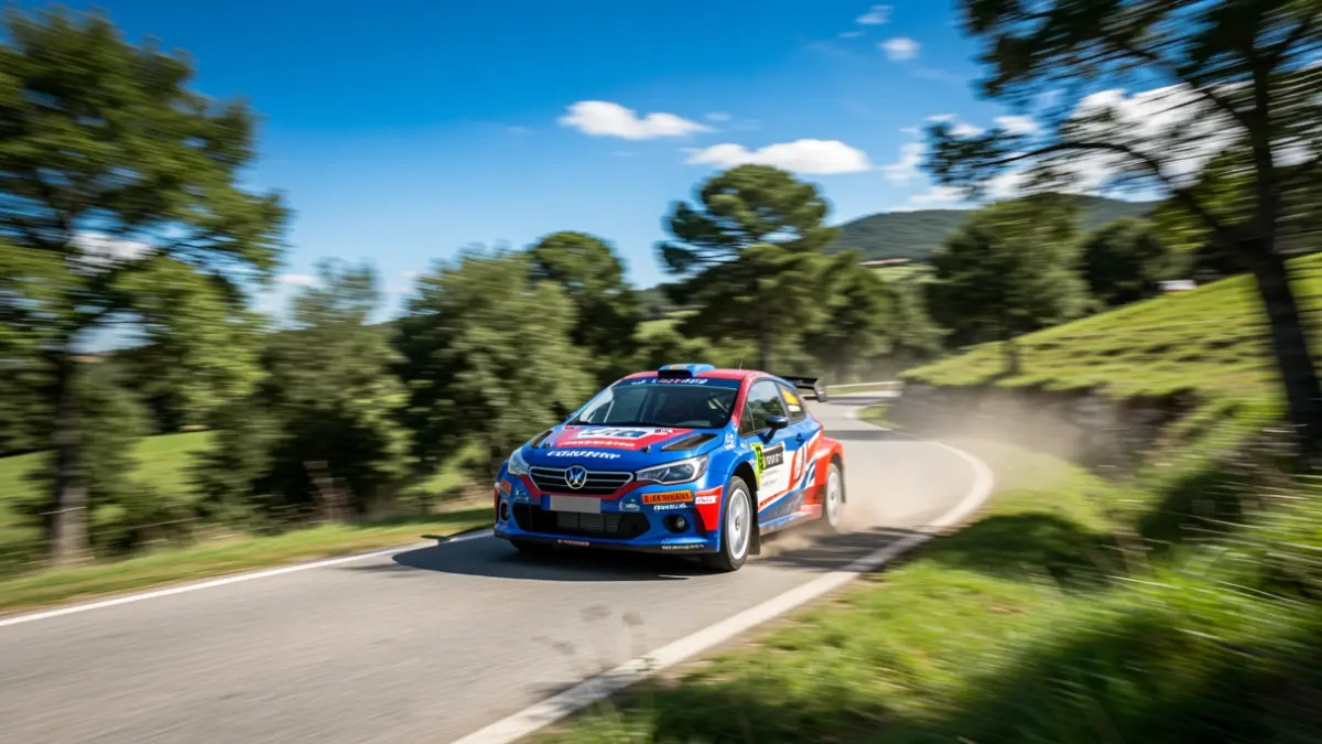 Rally car speeding on a winding road in the hills of Northern Portugal.