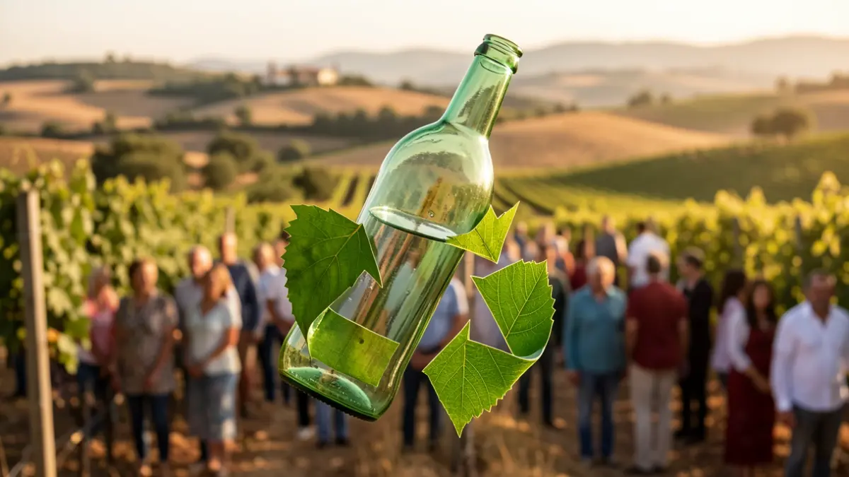 Generic image of glass bottles being recycled, with elements of the Alentejo landscape.