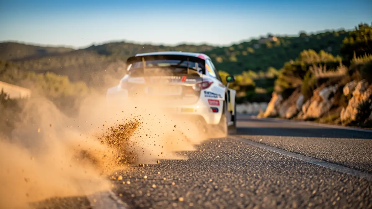 Neumático de coche de rally levantando polvo en una carretera de asfalto sinuosa en el Algarve, con colinas verdes y cielo azul al fondo.