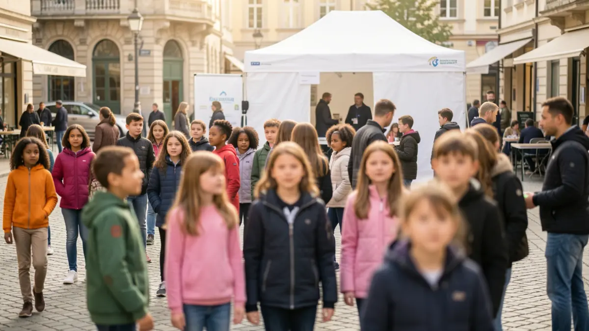 Imagen genérica de niños y jóvenes en un cribado de salud en plaza pública.