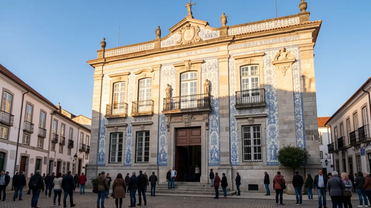 Imagen genérica de la fachada de un edificio municipal portugués con azulejos tradicionales y elementos de piedra, bajo la cálida luz de la tarde.