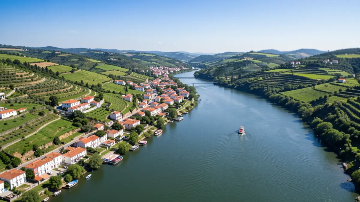 Generic image of a wide river flowing through a green valley with small towns on its banks, with a boat navigating.