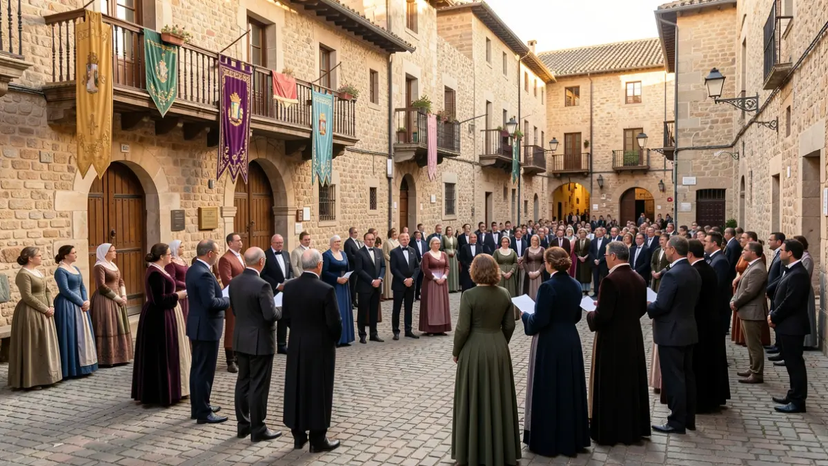 Imagem genérica de uma praça medieval com edifícios de pedra e bandeiras, onde um grupo de pessoas em traje formal participa numa assembleia.