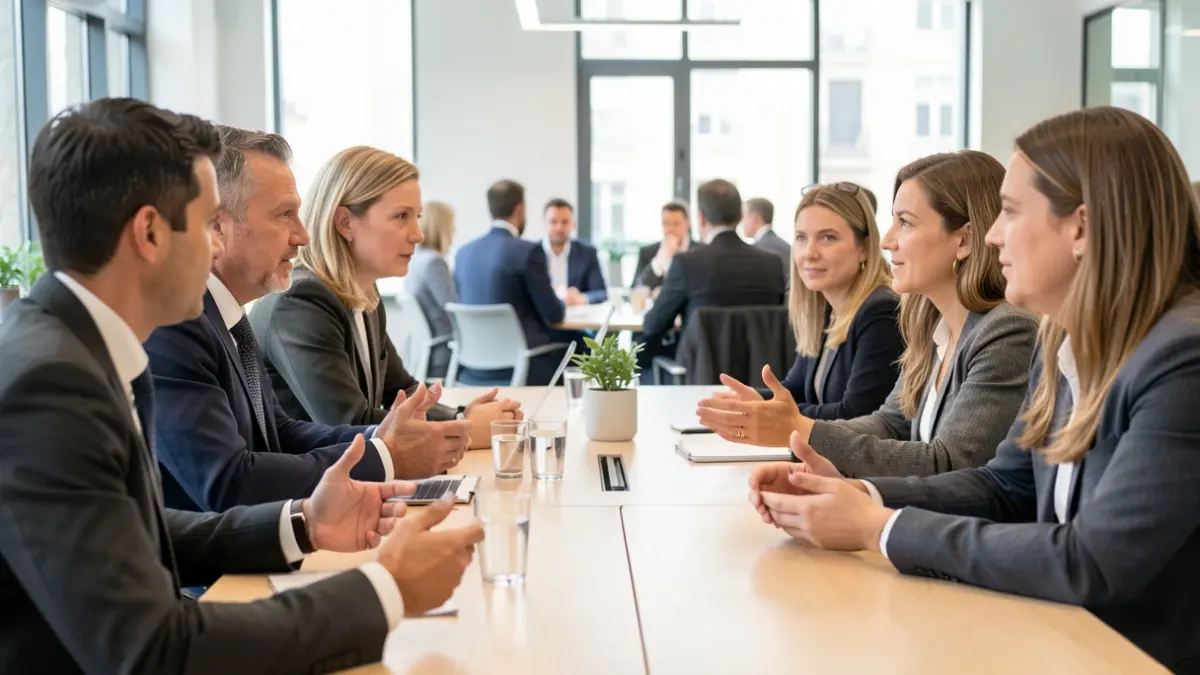 Imagen genérica de un grupo de profesionales discutiendo alrededor de una mesa en una sala de conferencias moderna, con luz natural.