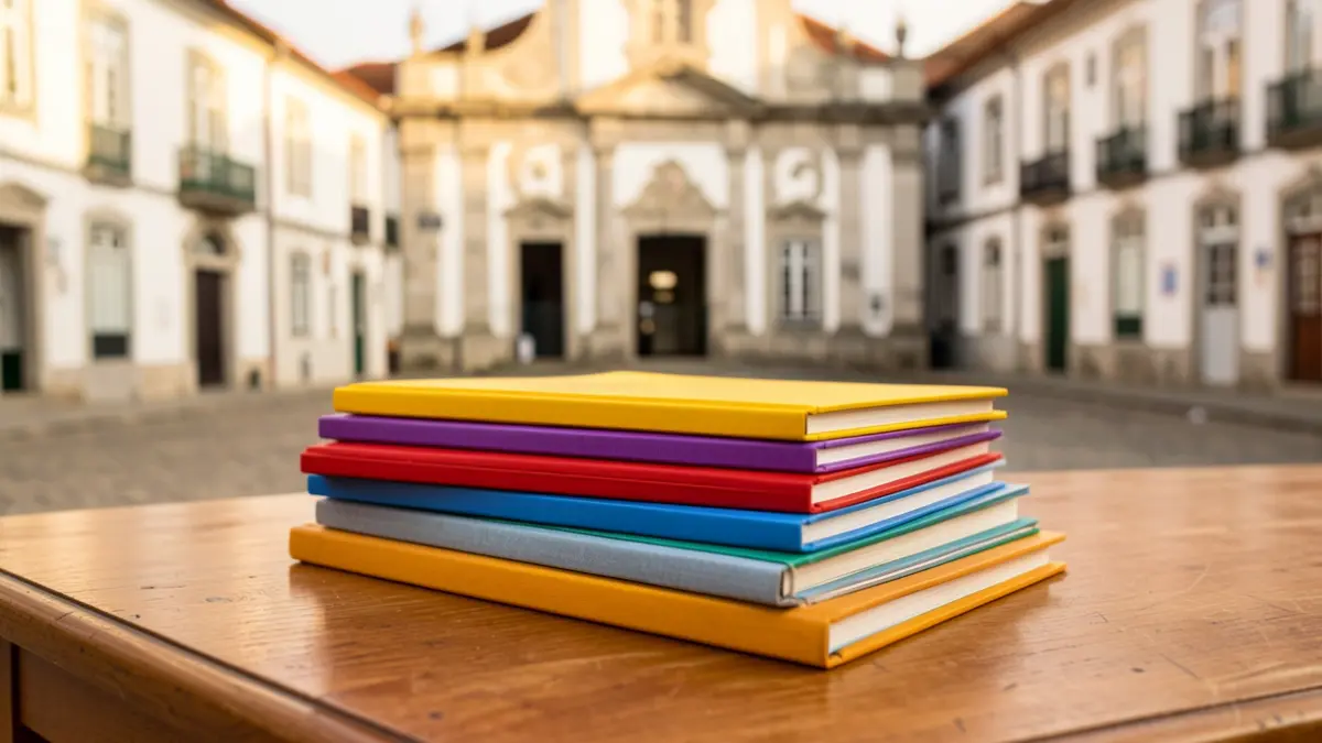 Imagen genérica de cuadernos de apoyo y libros de fichas sobre un escritorio, con la fachada de un edificio municipal al fondo.