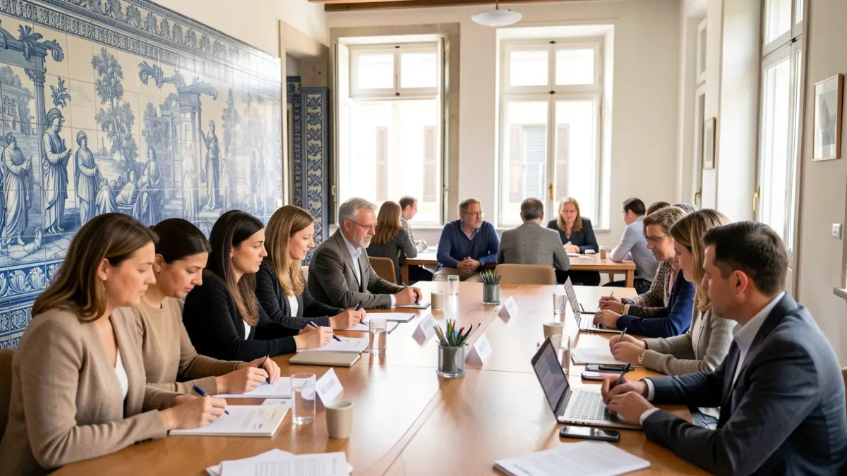Generic image of a participatory meeting about public health in Portugal, featuring Portuguese architectural elements.