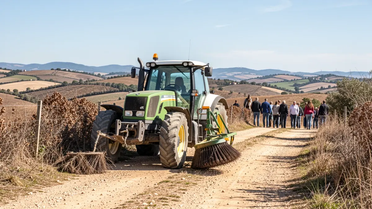 Imagem genérica de um trator com equipamento de corte de mato numa zona rural de Portugal, com vegetação seca e colinas ao fundo.