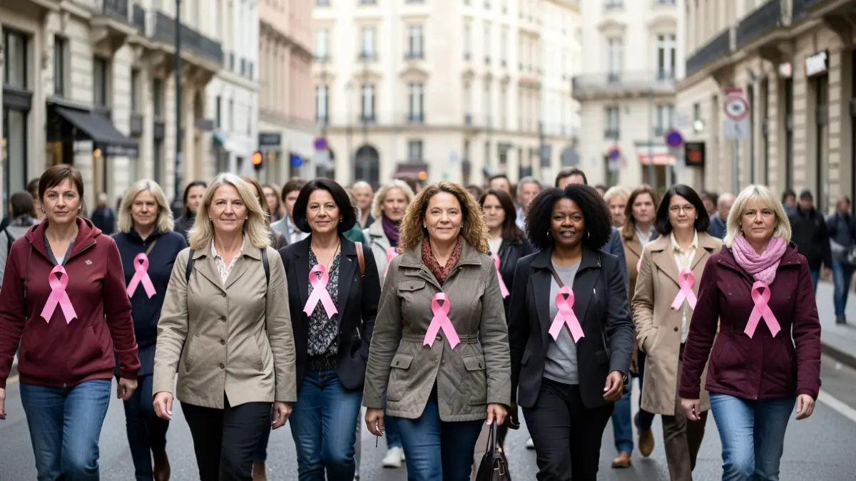 Generic image of a diverse group of women walking together on a city street, some wearing pink ribbons, in support of the cause.