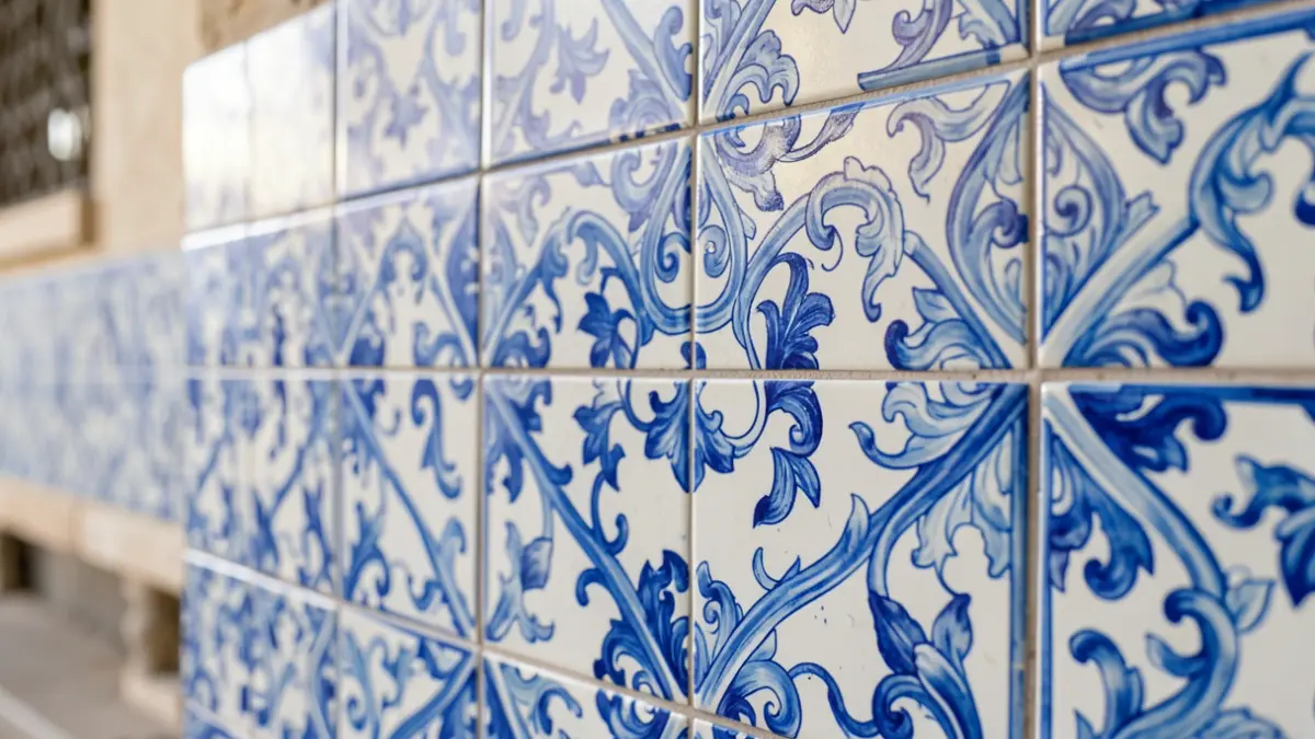 Imagen genérica de azulejos portugueses tradicionales con intrincados patrones azules y blancos, detalle de una sección restaurada.