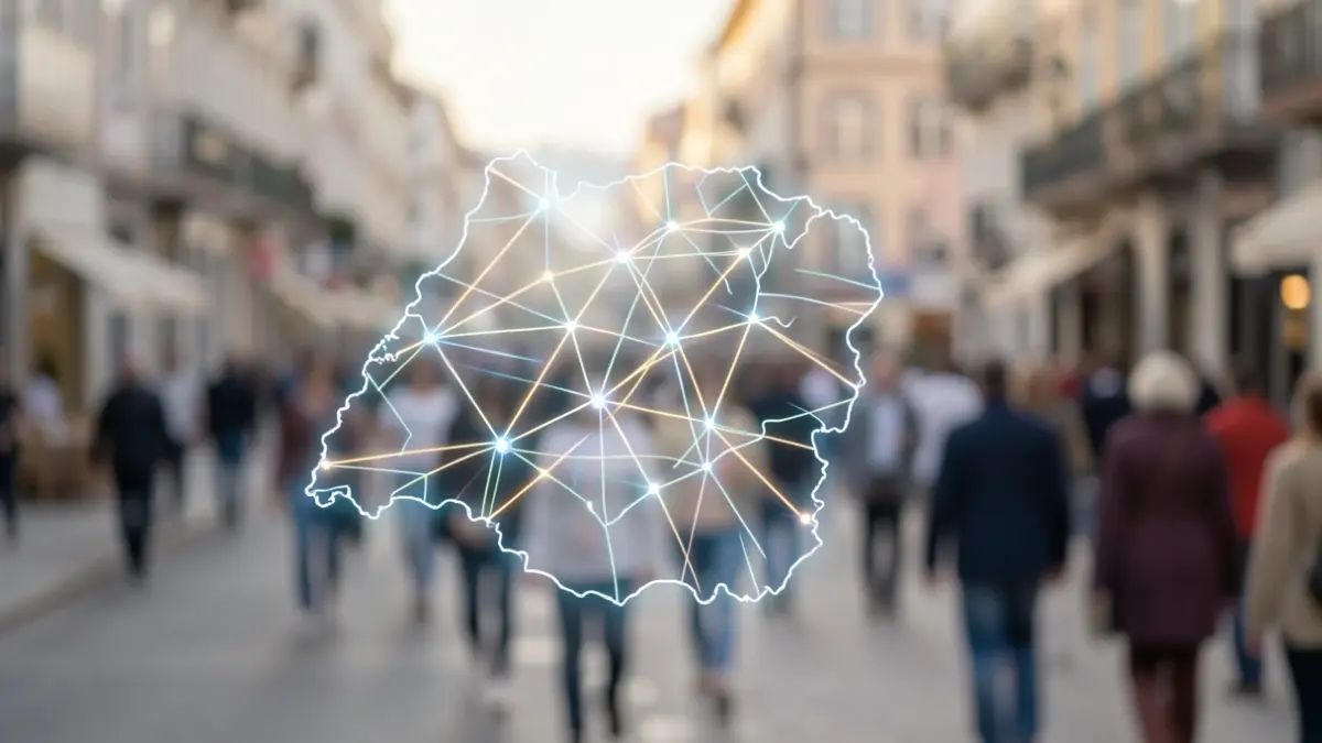 Imagem genérica de linhas de dados brilhantes conectando nós num mapa desfocado de Portugal, simbolizando tecnologia de cidades inteligentes.