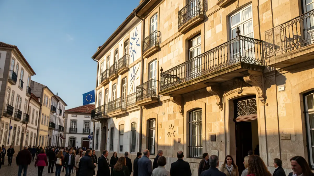 Fachada de um edifício institucional português com elementos de representação da União Europeia.