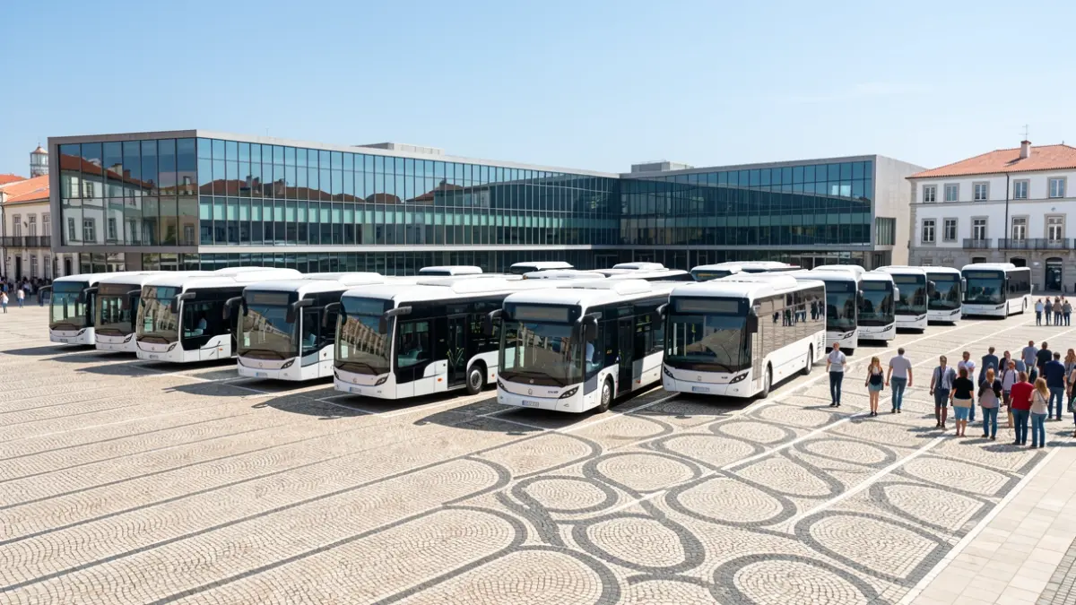 Image of 11 new electric buses parked in front of a modern building in Leiria.