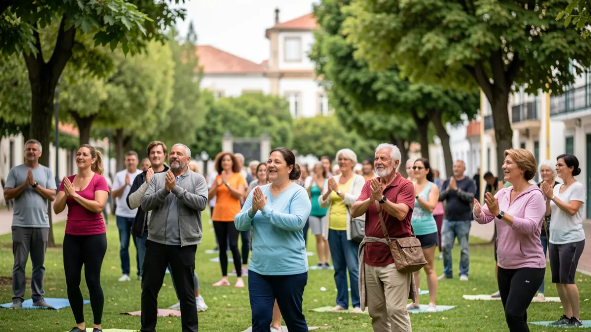 Grupo de adultos participando en una sesión de ejercicio físico al aire libre, con enfoque en la salud y el bienestar.