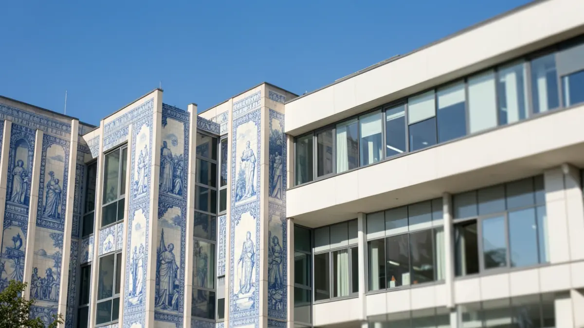 Fachada de un edificio universitario con azulejos portugueses y cielo azul, simbolizando cooperación académica europea.