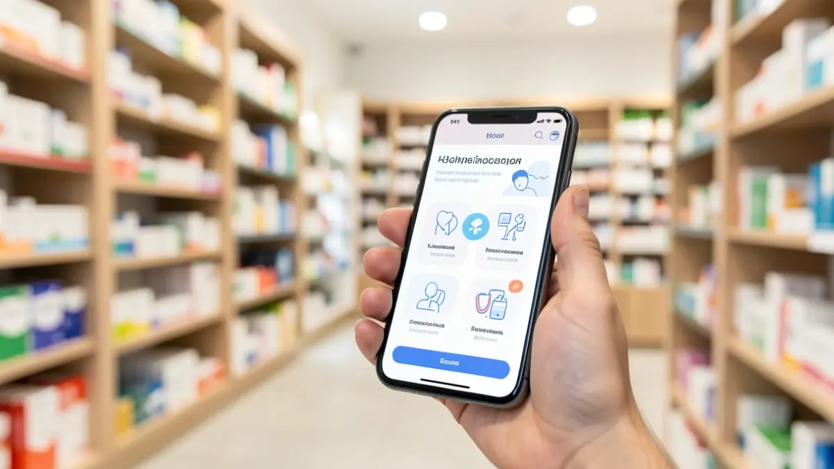 Imagem genérica de uma mão a segurar um smartphone com uma interface de aplicação de saúde, com ícones médicos abstratos, e um fundo desfocado de uma farmácia moderna.