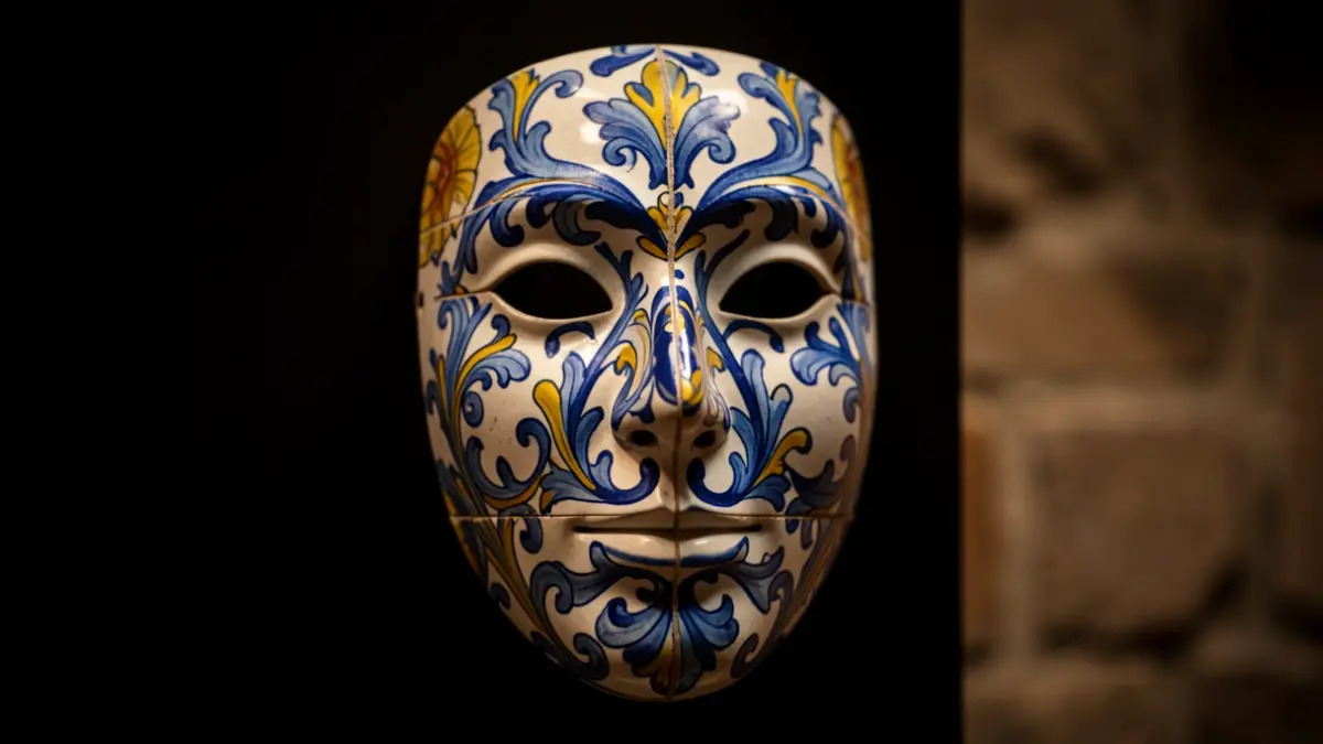 Generic image of a theatre mask with a Portuguese azulejo pattern, on a dark background, with soft dramatic lighting.