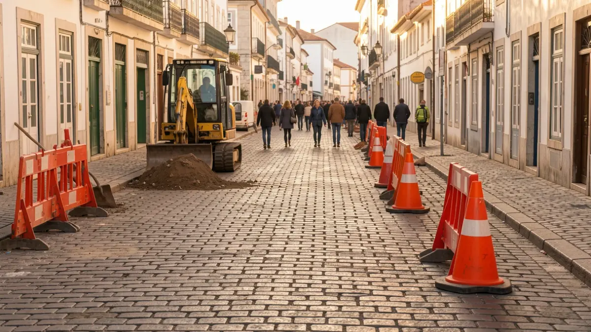 Imagen genérica de trabajos de repavimentación en una calle de Lisboa, con conos y barreras de construcción.