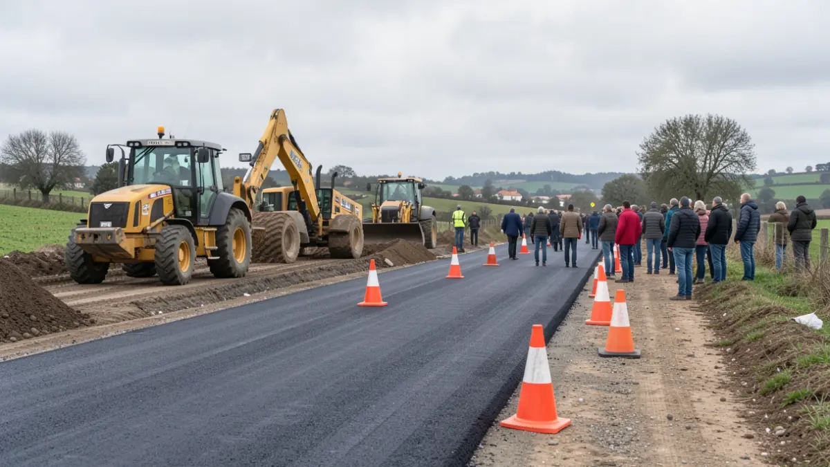 Imagen genérica de una obra en una carretera portuguesa con maquinaria y conos de tráfico.
