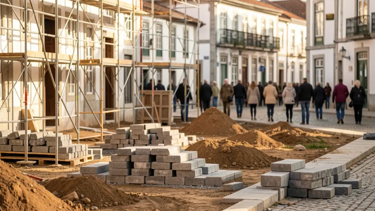Imagem genérica de uma obra de requalificação numa praça pública em Portugal, com andaimes e materiais de construção.