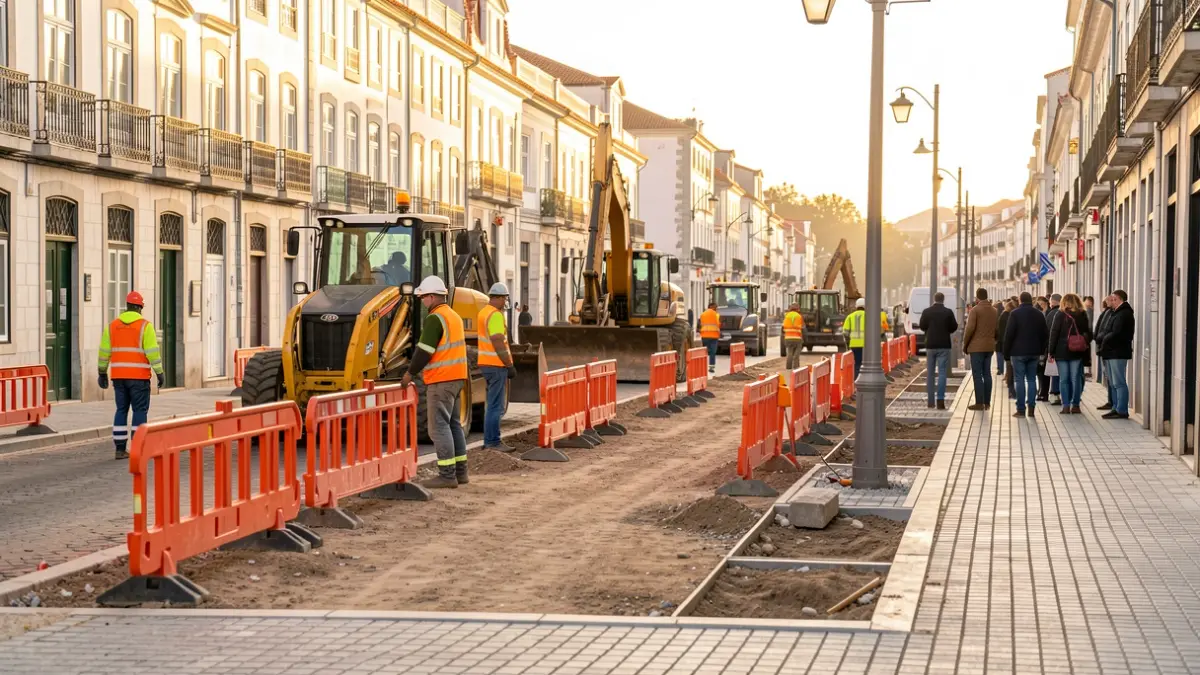 Imagen genérica de una obra de reurbanización urbana en Portugal, con maquinaria, barreras de seguridad y trabajadores.