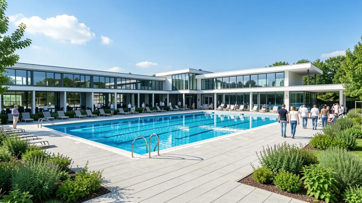 Imagen genérica de un complejo de piscinas públicas con arquitectura moderna y paisajismo circundante.