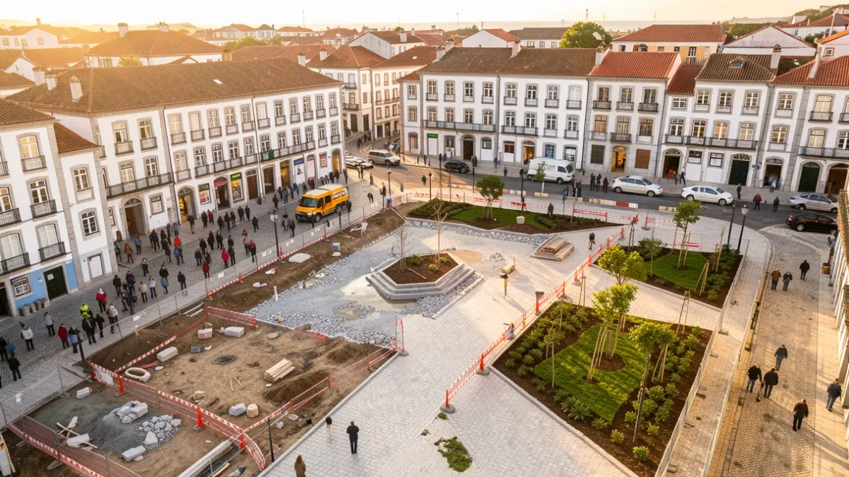 Vista aérea de uma praça em obras em Portugal, com barreiras de construção e novos pavimentos.