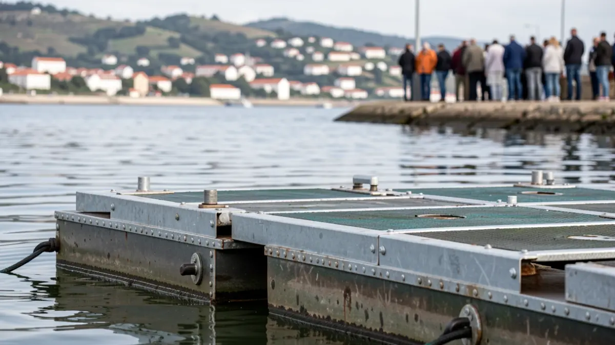 Imagen genérica de una estructura de pontón flotante en un estuario de río, con detalles de refuerzo y agua tranquila.