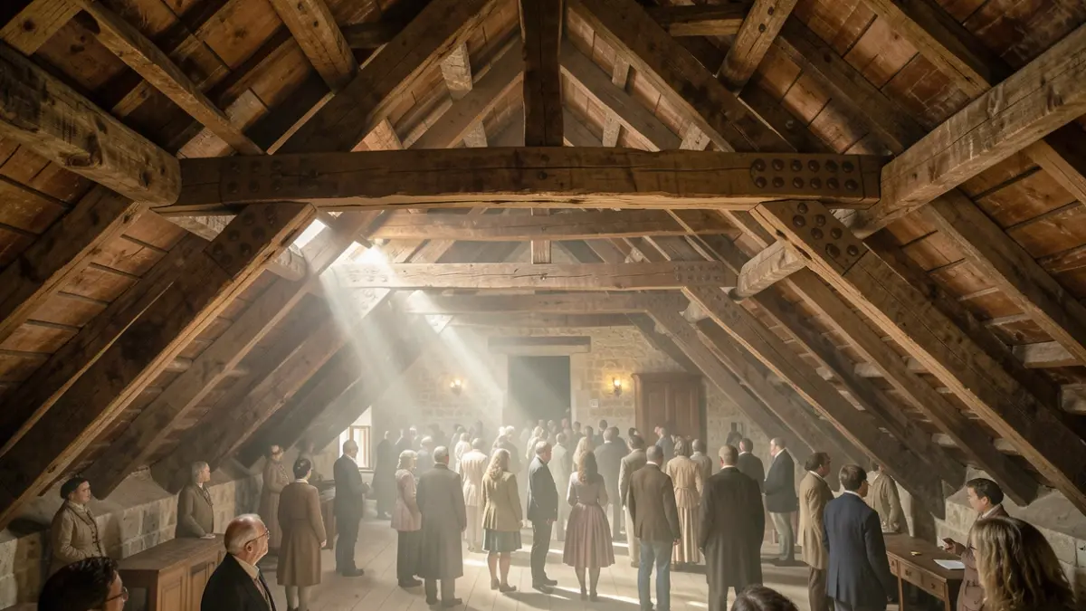 Generic image of the interior of a historic Portuguese palace attic, showing original wooden beams and carved nails, dusty, with shafts of light.