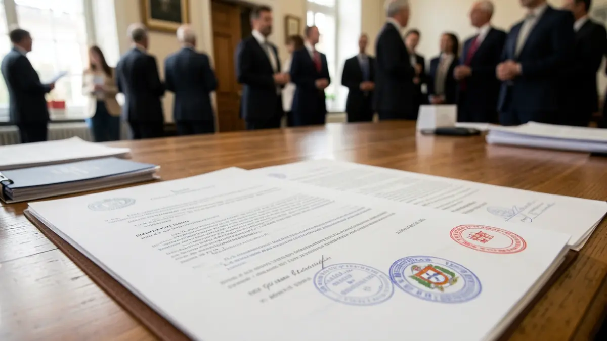 Generic image of Portuguese government official documents with seals and stamps, on a wooden desk.