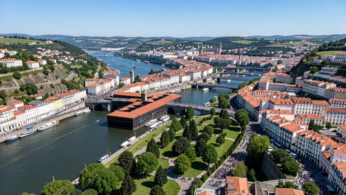 Aerial view of Vila Nova de Gaia, highlighting the Douro River and the Port wine cellars.