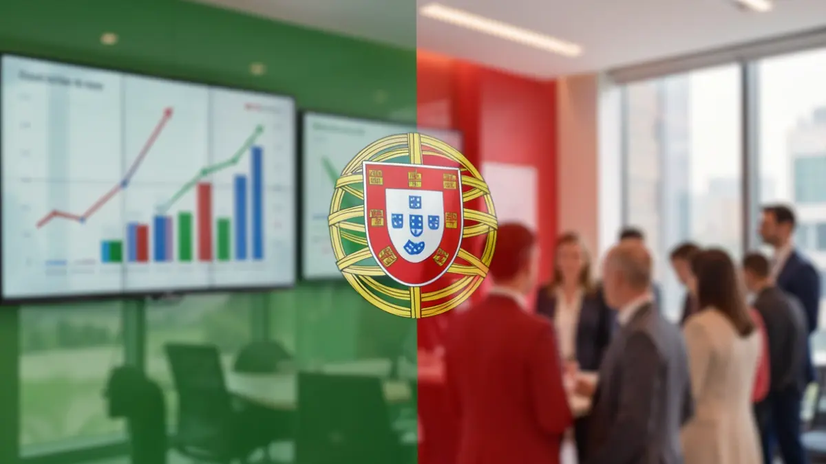 Imagem genérica de uma bandeira portuguesa integrada num ambiente de escritório moderno, com gráficos desfocados ao fundo.