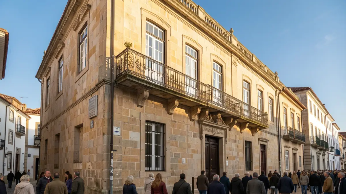 Generic image of a Town Hall facade with a balcony and afternoon sunlight.