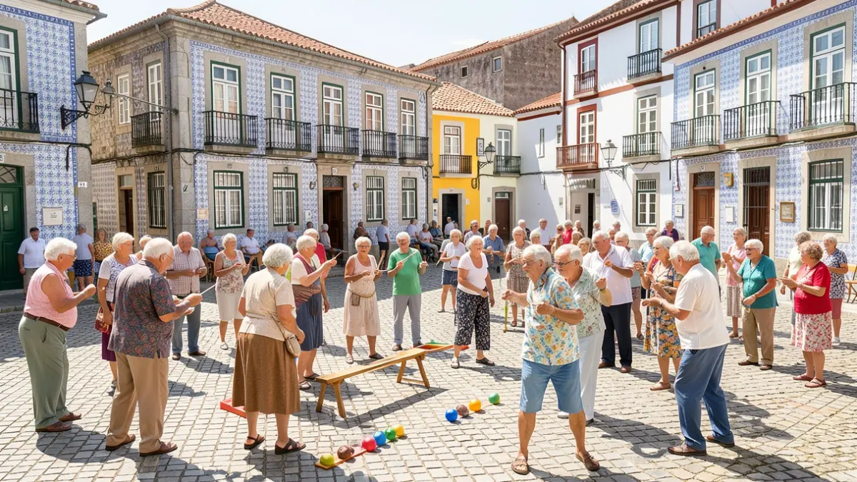 Imagem genérica de um grupo diversificado de idosos a participar em atividades ao ar livre numa praça portuguesa.