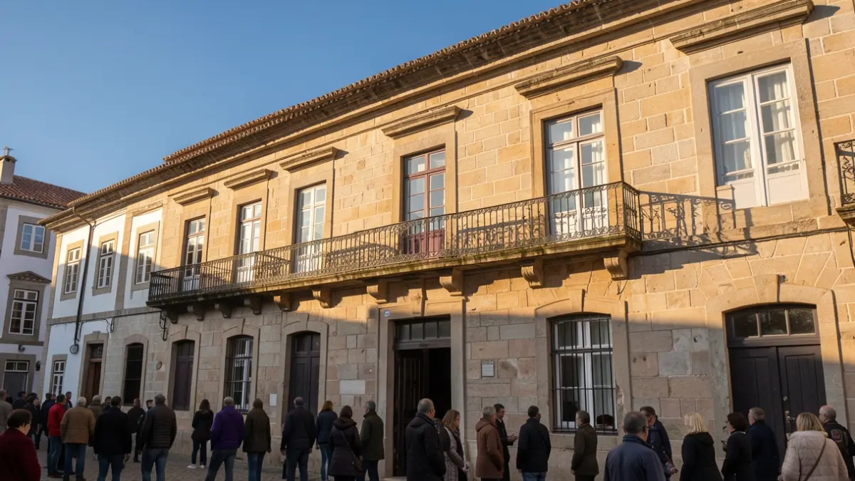 Imagem genérica de uma fachada de edifício municipal em pedra com varanda ornamentada, sob luz solar de tarde.