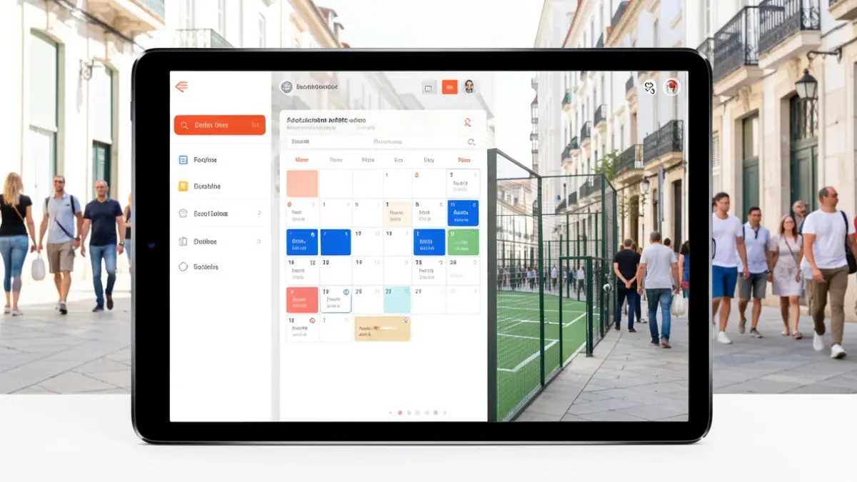 Imagen genérica de una interfaz de plataforma de reservas online en una pantalla de tablet, con un calendario de pistas de pádel.