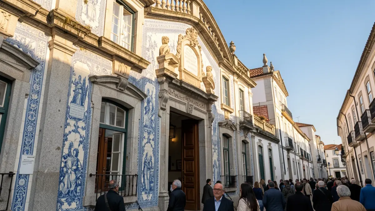 Fachada de um edifício municipal português com azulejos tradicionais.