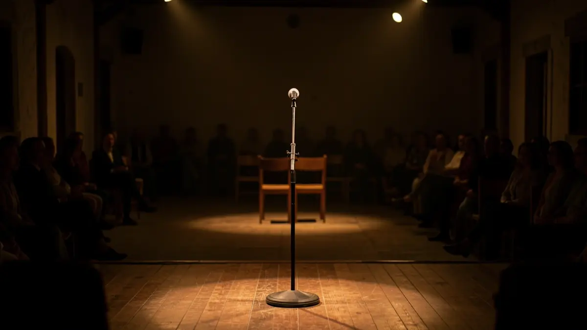 Imagem genérica de um palco com um microfone num salão de eventos português, com luzes ténues.