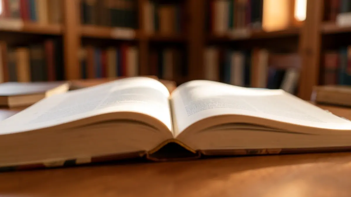Generic image of an open book on a wooden desk, with soft light.