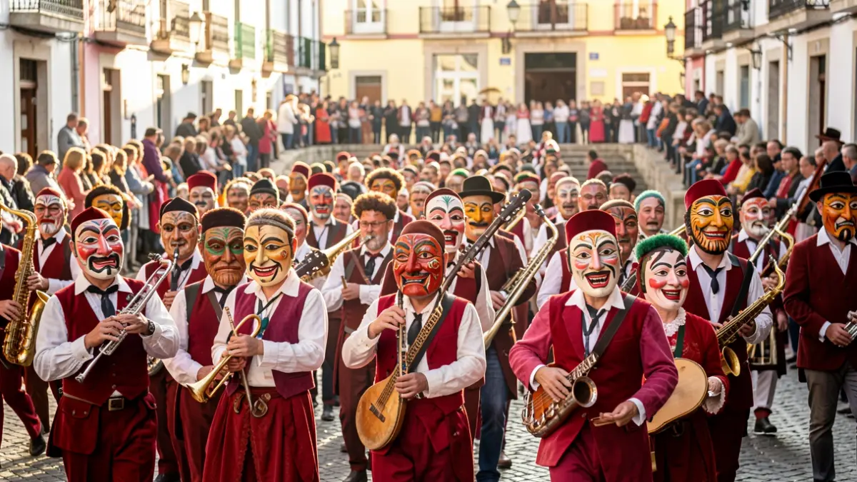 Imagem de um desfile de máscaras tradicionais portuguesas em Vale de Ílhavo, com participantes e público.
