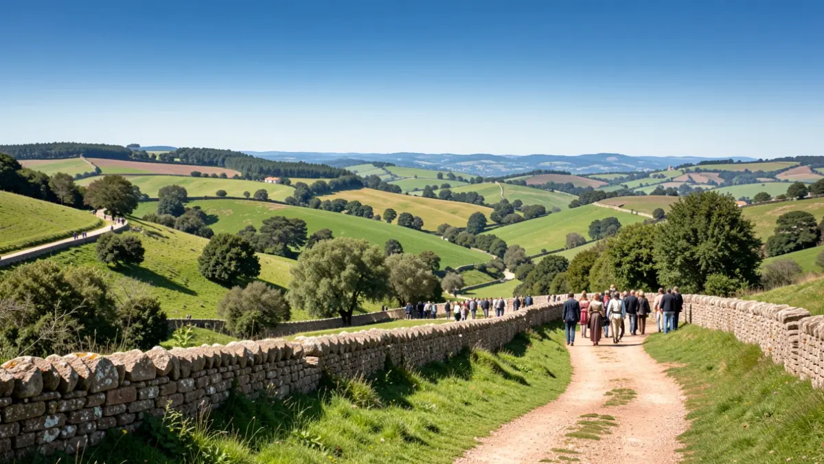 Paisagem histórica da região do Bussaco, Portugal, com colinas verdes e elementos patrimoniais.