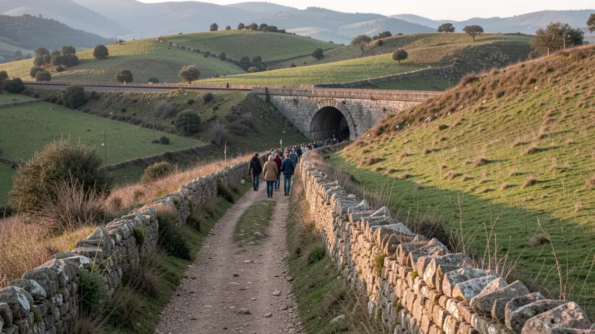 Railway path in Portuguese rural landscape with old tunnels.