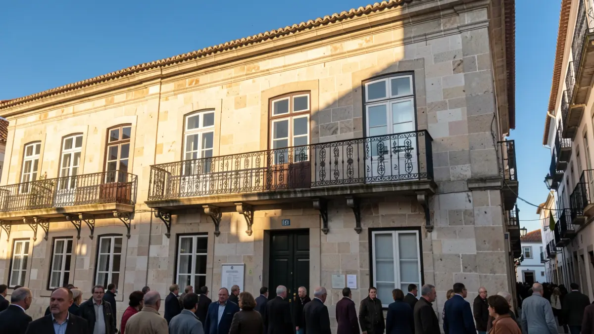 Imagem genérica de uma fachada de edifício institucional com varanda e luz solar.