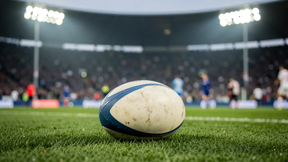 Imagem genérica de uma bola de râguebi num campo com luzes de estádio desfocadas.