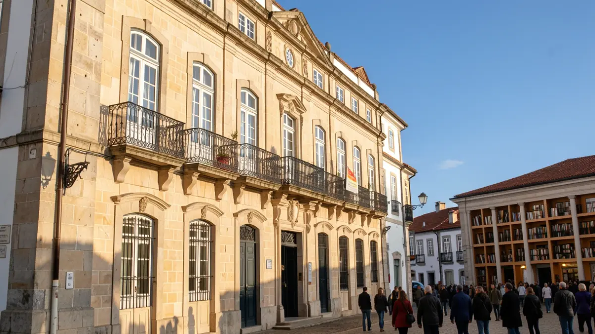 Fachada de um edifício municipal em Sabrosa, Portugal, com elementos arquitetónicos tradicionais e luz solar de fim de tarde.
