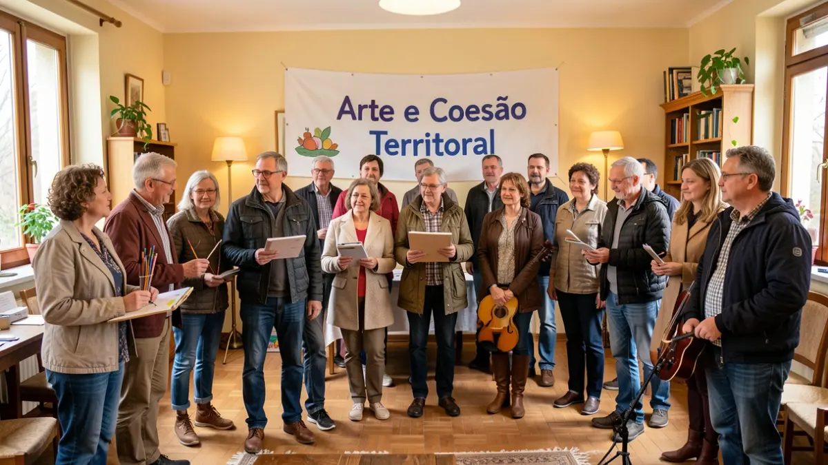 Imagem genérica de um grupo de pessoas diversas reunidas num salão comunitário, com materiais de arte e instrumentos musicais, e um banner ao fundo. Ambiente acolhedor.