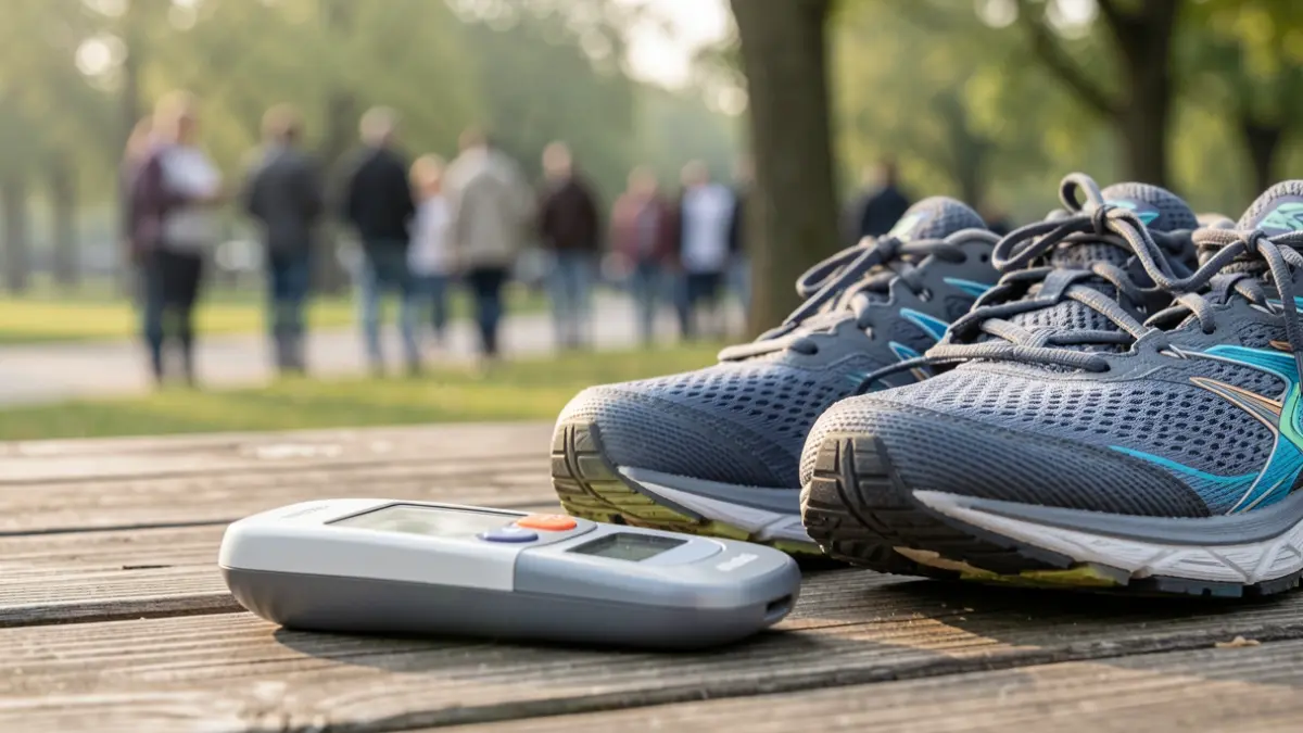 Generic image of health monitoring equipment and sports footwear.