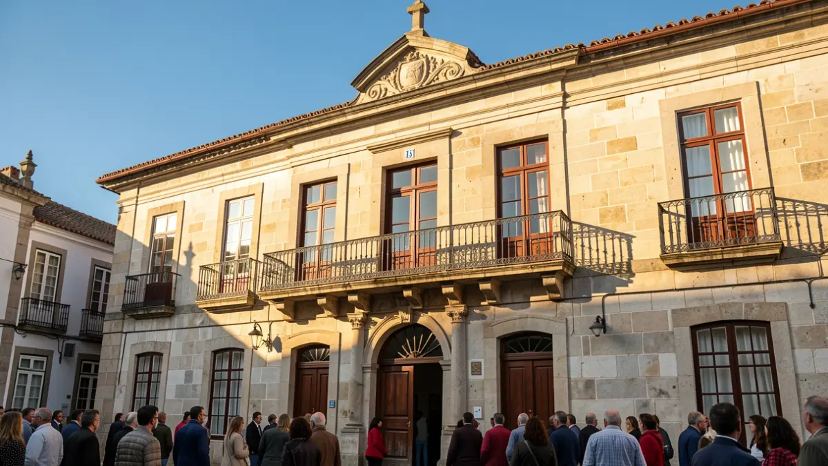 Generic image of a traditional Portuguese stone town hall facade with an ornate balcony and iron railings, under warm afternoon light and a blue sky.